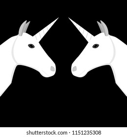 White unicorns. Heads of unicorns. Fantasy design of mythology creatures. Graphic icon, print or logo. Isolated. Vector.