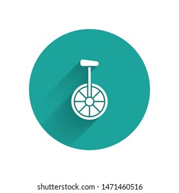 White Unicycle or one wheel bicycle icon isolated with long shadow. Monowheel bicycle. Green circle button. Vector Illustration