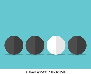 White unique sphere in row of black ones on turquoise blue background. Uniqueness, creativity and standing out from the crowd concept. Flat design. EPS 8 vector illustration, no transparency