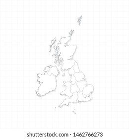 White United Kingdom map and grid vector. Thin gray outline on white background. EPS10.
