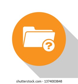 White Unknown directory icon isolated on white background. Magnifying glass and folder. Orange circle button. Flat design. Vector Illustration