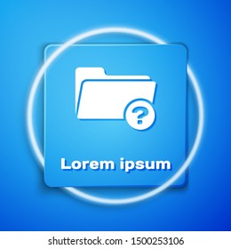 White Unknown directory icon isolated on blue background. Magnifying glass and folder. Blue square button. Vector Illustration