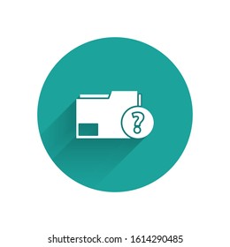 White Unknown document folder icon isolated with long shadow. File with Question mark. Hold report, service and global search sign. Green circle button. Vector Illustration