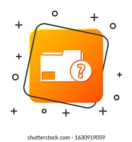 White Unknown document folder icon isolated on white background. File with Question mark. Hold report, service and global search sign. Orange square button. Vector Illustration