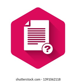 White Unknown document icon isolated with long shadow. File with Question mark. Hold report, service and global search sign. Pink hexagon button. Vector Illustration