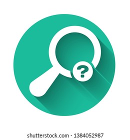 White Unknown search icon isolated with long shadow. Magnifying glass and question mark. Green circle button. Vector Illustration