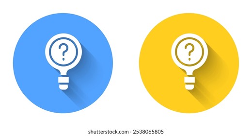 White Unknown search icon isolated with long shadow background. Magnifying glass and question mark. Circle button. Vector