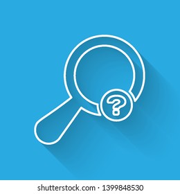 White Unknown search line icon isolated with long shadow. Magnifying glass and question mark. Vector Illustration