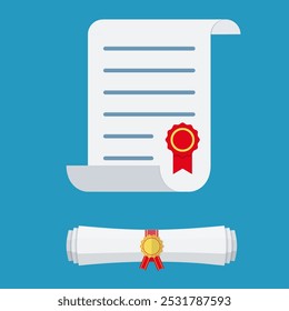 White unrolled and rolled paper diploma scroll with yellow stamp and red ribbons. Graduation concept. business certificate. vector illustration in flat style