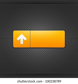 White upload arrow sign on orange rounded rectangle web button. Glowing shape with shadow on black metal background. Vector illustration saved 10 eps.