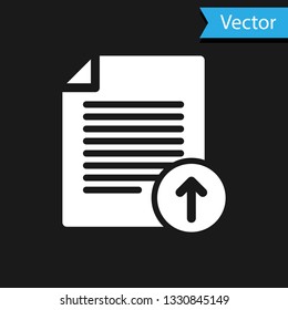White Upload file icon isolated on black background. File document symbol. Document arrow. Vector Illustration