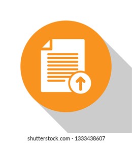 White Upload file icon isolated on white background. File document symbol. Document arrow. Orange circle button. Flat design. Vector Illustration