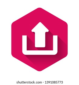 White Upload icon isolated with long shadow. Up arrow. Pink hexagon button. Vector Illustration