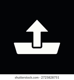 Ein weißes Upload-Symbol auf schwarzem Hintergrund, das Datenübertragung, Dateifreigabe und Online-Upload-Konzepte in einem einfachen und modernen Design symbolisiert.