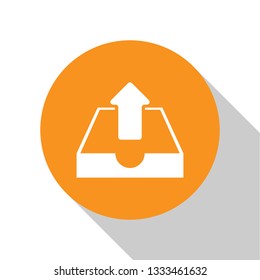 White Upload inbox icon isolated on white background. Orange circle button. Flat design. Vector Illustration
