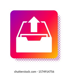 White Upload inbox icon isolated on white background. Extract files from archive. Square color button. Vector Illustration