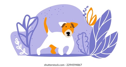 White uppy hides in the bushes and peeps. Advertising banner, poster for websites, applications, cafes, hotels where pets are welcome. Emotional support banner with pet. Pet-friendly place for animal