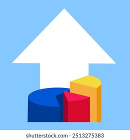 A white upward arrow is positioned above a 3D pie chart vector illustration in a flat style. Suitable for growth data analysis and business infographic content