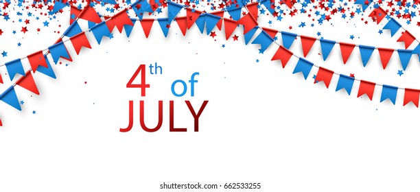 White USA Independence Day background with flags and stars. Vector illustration.