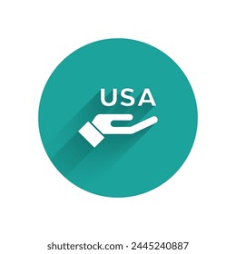 White USA Independence day icon isolated with long shadow. 4th of July. United States of America country. Green circle button. Vector