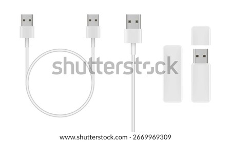 White USB cables and USB flash drive. USB plug with wire loop