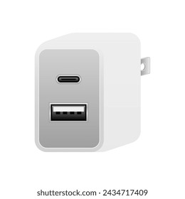 White USB charger _USBType-C 1 port  USB type A 2.0 1 port illustration.
