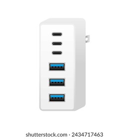 White USB charger _USBType-C 3 port  USB type A 3.0 3 port illustration.