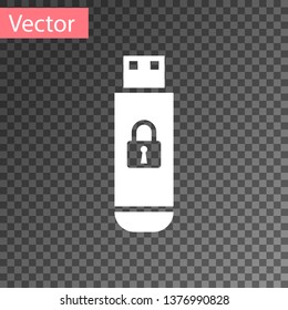 White USB flash drive with closed padlock icon isolated on transparent background. Security, safety, protection concept. Vector Illustration