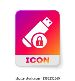 White USB flash drive with closed padlock icon isolated on white background. Security, safety, protection concept. Rectangle color button. Vector Illustration