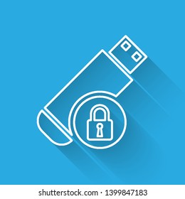 White USB flash drive with closed padlock line icon isolated with long shadow. Security, safety, protection concept. Vector Illustration