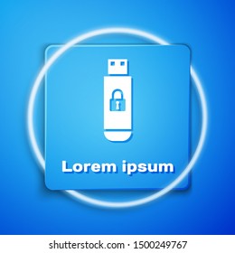 White USB flash drive with closed padlock icon isolated on blue background. Security, safety, protection concept. Blue square button. Vector Illustration