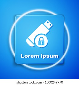 White USB flash drive with closed padlock icon isolated on blue background. Security, safety, protection concept. Blue square button. Vector Illustration
