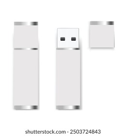 A white USB flash drive with a detachable cap and metallic accents. Vector illustration