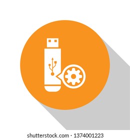 White USB flash drive and gear icon isolated on white background. Adjusting app, service concept, setting options, maintenance, repair, fixing. Orange circle button. Vector Illustration