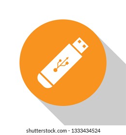 White USB flash drive icon isolated on white background. Orange circle button. Flat design. Vector Illustration