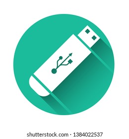 White USB flash drive icon isolated with long shadow. Green circle button. Vector Illustration