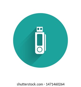 White USB flash drive icon isolated with long shadow. Green circle button. Vector Illustration