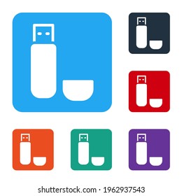 White USB flash drive icon isolated on white background. Set icons in color square buttons. Vector Illustration