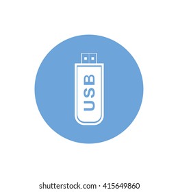 White USB flash drive icon vector illustration. Blue circle. Blue button
