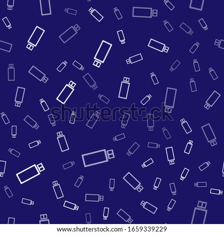 White USB flash drive icon isolated seamless pattern on blue background.  Vector Illustration