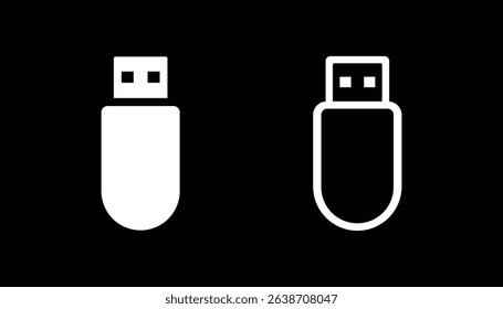 White USB flash drive icons in solid and outline style on black background, minimalist vector for tech or UI design.