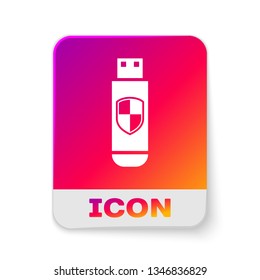 White USB flash drive and protection shield icon isolated on white background. Rectangle color button. Vector Illustration