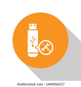 White USB flash drive with screwdriver and wrench icon isolated on white background. Adjusting, service, setting, maintenance, repair, fixing. Orange circle button. Vector Illustration