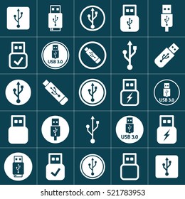 white usb icons set on blue background