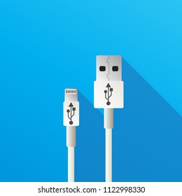 White USB and micro USB cable with shadow isolated on blue background