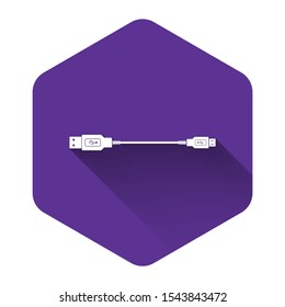 White USB Micro cables icon with long shadow. Connectors and sockets for PC and mobile devices. Computer peripherals connector or smartphone recharge supply. Purple hexagon button. Vector Illustration