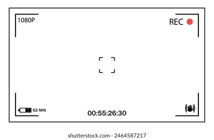 Weiße Benutzeroberfläche des Kamerasuchers. Fokussierbildschirm in der Mitte der Kamera während der Aufnahmezeit. Batterie-Status, Video-Qualität, Bild-Stabilisations-Symbole. Vektorillustration