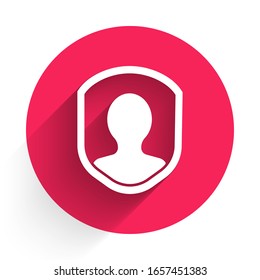 White User protection icon isolated with long shadow. Secure user login, password protected, personal data protection, authentication. Red circle button. Vector Illustration