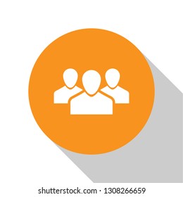 White Users group icon isolated on white background. Group of people icon. Business avatar symbol - users profile icon. Orange circle button. Flat design. Vector Illustration