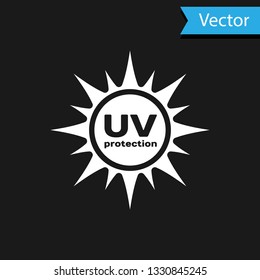 White UV protection icon isolated on black background. Ultra violet rays radiation. SPF sun sign. Vector Illustration